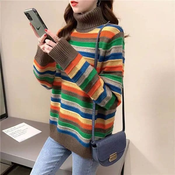 Womens High Neck Thick Striped Fashion Sweater Long Sleeve Contrast Color Loose Midi Autumn and Winter Pullover Knit Tops 240826