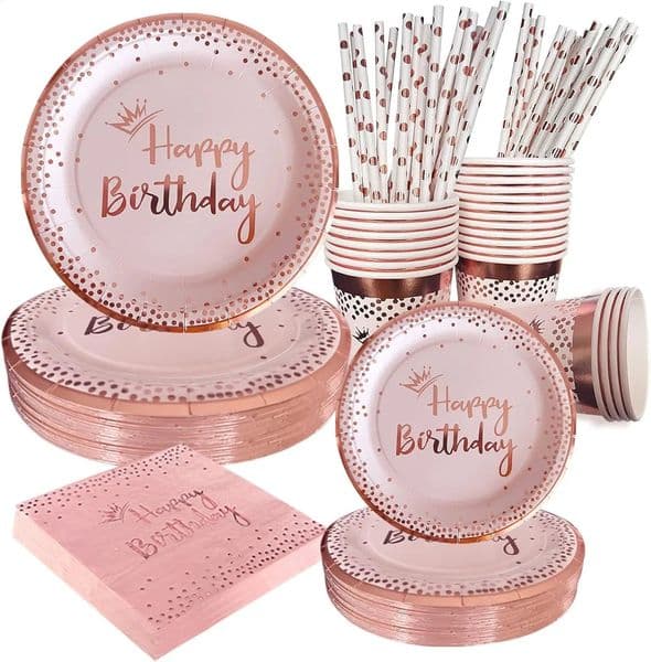 Disposable set of pink party paper tableware rose gold plates Nagins Cup dessert plates and straw party supplies 240826