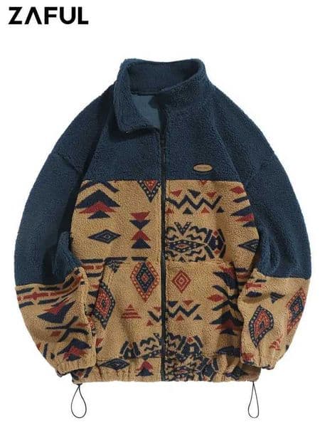 ZAFUL Ethnic Aztec Mens Printed Jacket Zip Fly Fluffy Jacket Winter Street Clothing Neutral Warm Jacket Z5064662 W240826