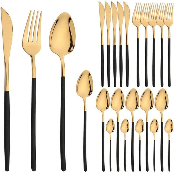 24 piece cutlery set stainless steel knives forks coffee spoons gold mirror kitchen utensils 240827