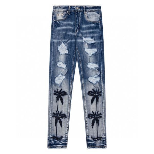 Men's jeans High Street Patchwork Jeans Skinny Men Straight Slim knee Coconut tree embroidery Motorcycle Moto Biker Causal Mens Jean