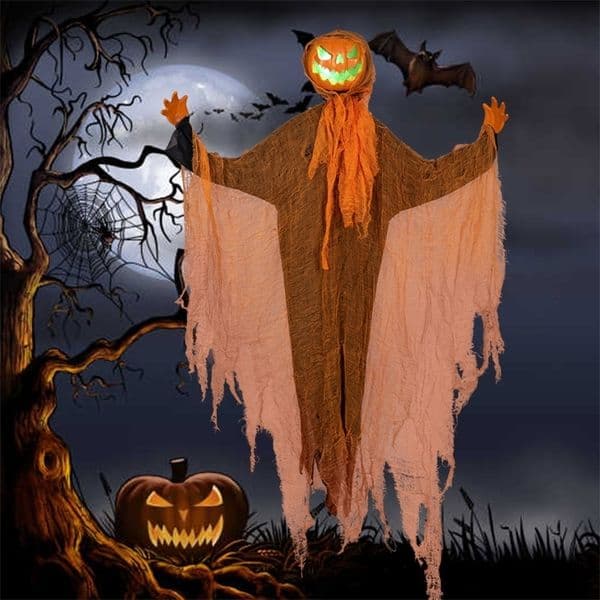 Halloween Green Pumpkin Hanging in Oranment with Sound Glowing Rotating Head Pumpkin Home Garden Decoration 2024 Horror Party Fun Props 240824