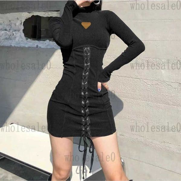 Casual Dress designer Autumn New Knitted Half High Collar Slimming Lace up Long Dress Ins Style Skirt 1OZU