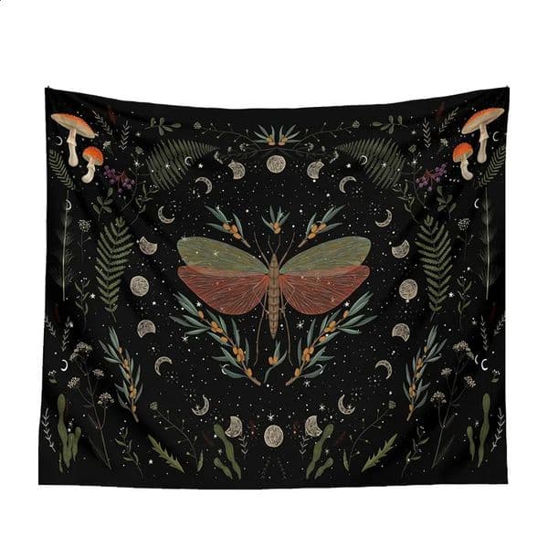 Moon Tapestry Wall Hanging Moth Plant Phase Aesthetics Goddess Living Room Dormitory Decoration Mushrooms 240827