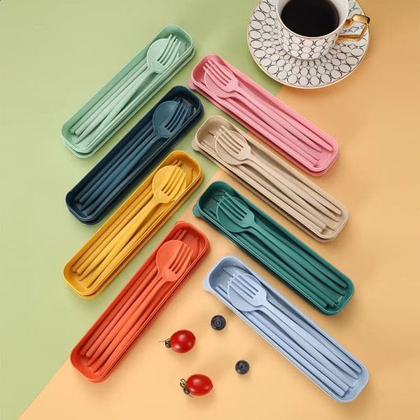 4pieceset Japanese wheat straw portable tableware set with knives forks spoons chopsticks outdoor camping childrens 240827