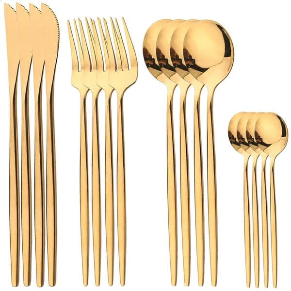 16 piece cutlery set stainless steel knife fork tea spoon mirror highquality gold 240827