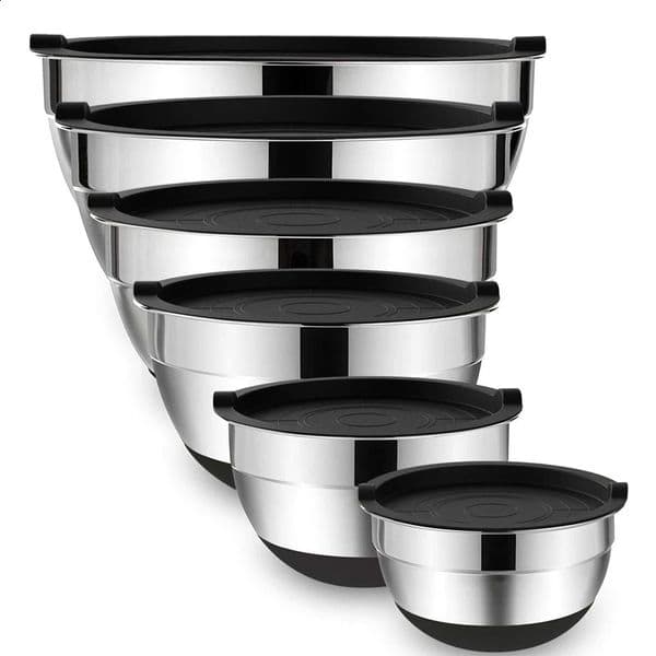 LMETJMA 6piece stainless steel mixing bowl set with lid and non slip base for baking nest storage JT227 240826
