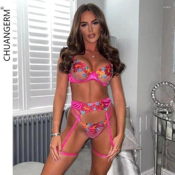Bras Sets CHUANGERM Floral Erotic Sexy Lingerie Set Woman 3 Pieces Suit Transparent Lace Underwear Fancy Beautiful Thongs Breves