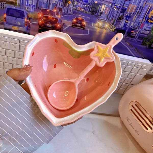 Strawberry Ramen Bowls and Spoons Creative Ceramics Anti-scald Instant Noodle Bowl Cute Strawberry Bowl Pretty Bowl 240827