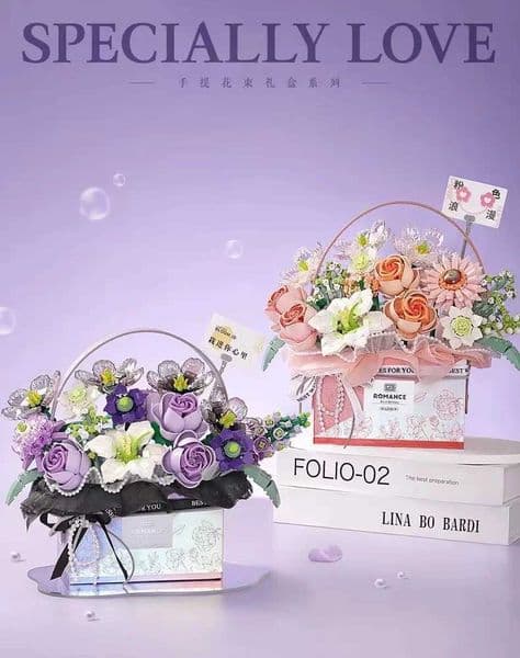 Pink roses purple rose baskets flower baskets building blocks DIY flower baskets home decoration tiles lightweight and cute gift toys CL240827