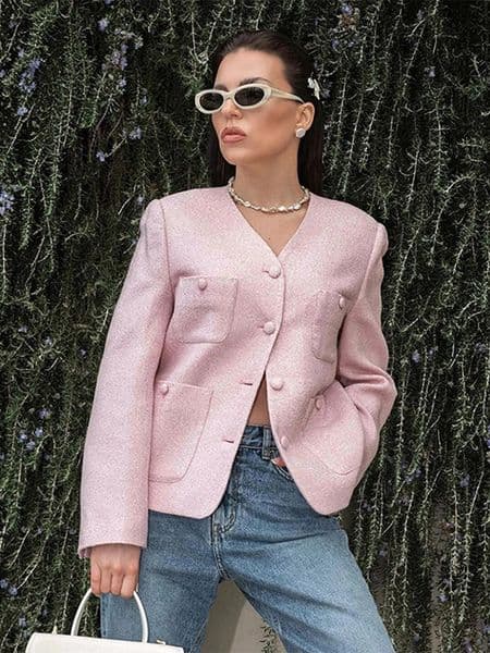 Elegant Solid Women Tweed Jacket V-neck Single Breasted Pockets Loose Female Coats 2024 Spring Autumn Fashion Lady Jackets 240827