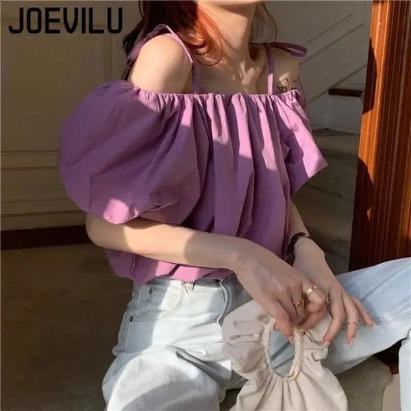 JOEVILU Puff Sleeve Crop Tops Sexy Off Shoulder Backless Blouses Womens Korean Fashion T-shirt Casual Streetwear Purple Shirts 240827