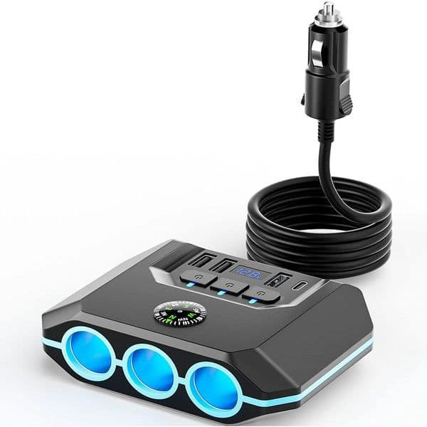 120W Way Auto Sockets Car Cigarette 3 USB+Type-c Charger Splitter Lighter 5V 3.1A Output Power With Voltage Display 7 in 1
