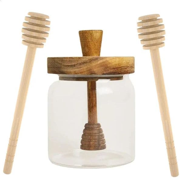 Honey jar Airtight 500ml honey and dropper set rod glass container with 2 wooden droppers 240826
