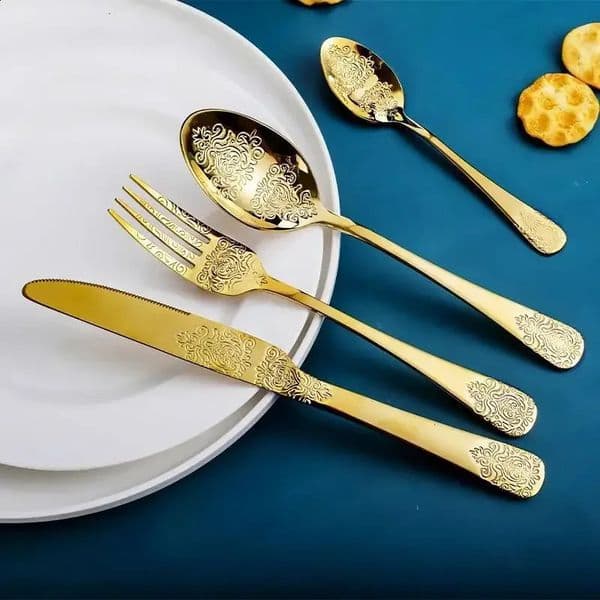 1 set of gold tableware stainless steel fork knife y family kitchen restaurant dinner 240826