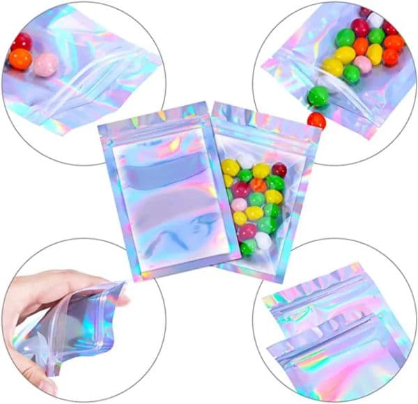 wholesale Brand New: 100Pack Holographic Smell Proof Bags Resealable Laser Color Pouches for Party Favors Food Storage and More