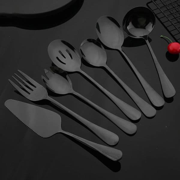 Black stainless steel cutlery set flat soup spoon Colander service salad fork cake spatula kitchen utensils 240827