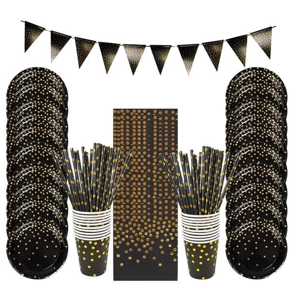 Black gold dot disposable tableware set Flat noodles paper cup Christmas baby shower wedding party decoration 240826