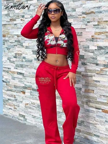 Women's Tracksuits Kontturi Y2k Womens 2024 Black Printed Hoodie Sports Pants Autumn/Winter Blue Body 2-piece Set Y241104A1CK
