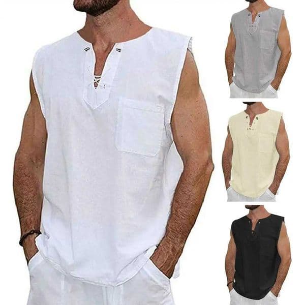 Mens summer vest top V-neck lace long sleeved solid color shirt top loose patch pocket T-shirtW240718