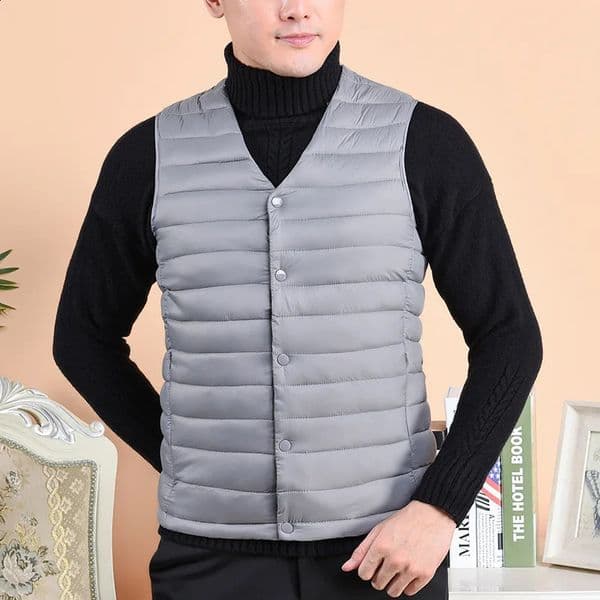 Mens warm cotton vest autumn mens sleeveless jacket middleaged and elderly solid color Vneck single chest down 240827