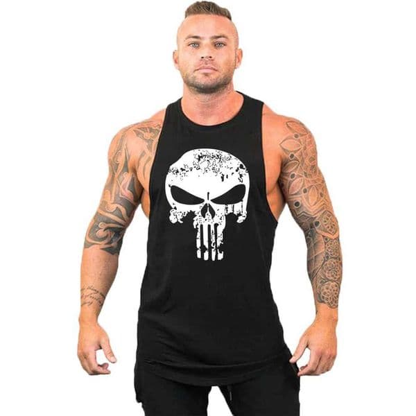 Hot selling mens skull print vest breathable cool vest running shirt cotton T-shirt fitness single sleeveW240718