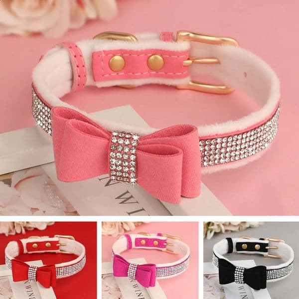 Warm Fur Dog Bow Collar Suede Leather Puppy Dogs Collars Rhinestone Bowtie Pet Necklace for Small Medium Dogs Cats Chihuahua 240828