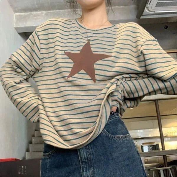 Autumn Striped Patchwork Embroidered Star Pattern Vintage Long Sleeve Women Crop Top Korean INS Harajuku Y2K Loose T-shirt 240828