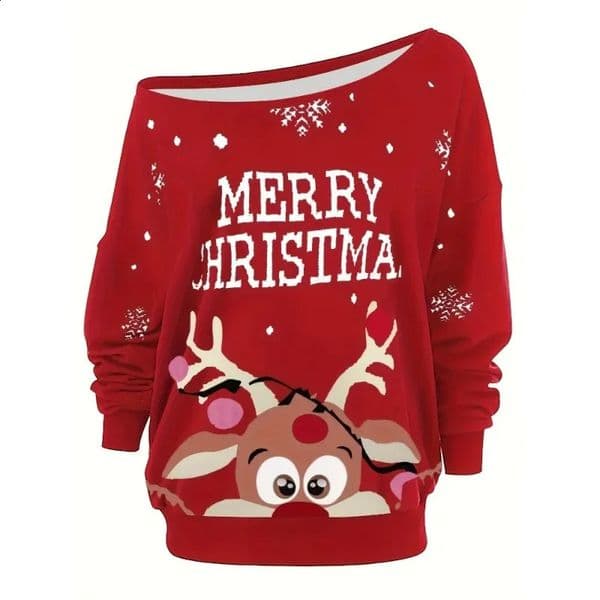 Plus Size 1XL-5XL Womens Fashion Christmas Print Off Shoulder Long Sleeved Sweatshirt Ladies Casual Print Pullover Top 240828
