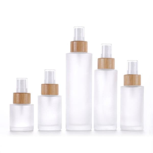 Frosted Glass Mist Spray Lotion Pump Bottle Skincare Packaging 30ml 50ml 60ml 100ml 120ml With Bamboo Lid