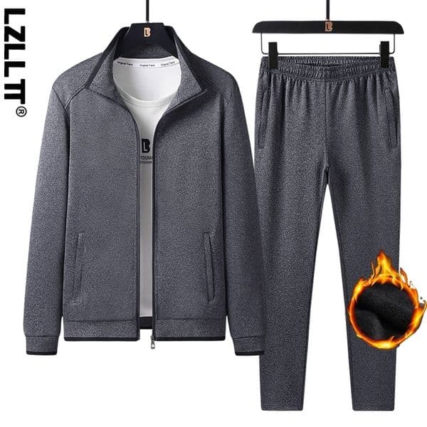 Winter mens casual wool sportswear 2-piece track suit mens sportswear running outdoor set mens jogging pants jacket set 7XL 240827
