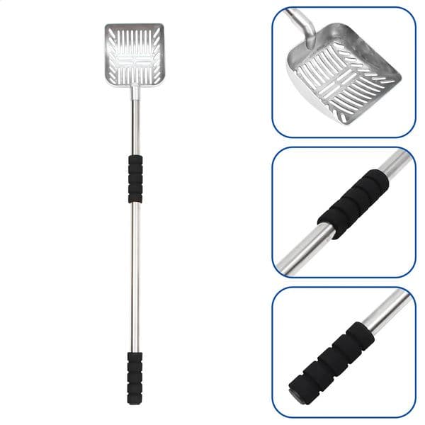 Cat Litter Scoop Telescopic Long Handle Stainless Steel Metal Cat Litter Scooper Black Handle Pet Cleaning Tool Cat Supplies 240829