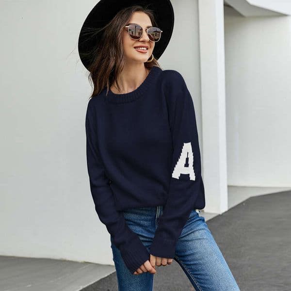 2024 New Letter Jacquard Casual Lazy Style Loose Pullover Womens Sweater