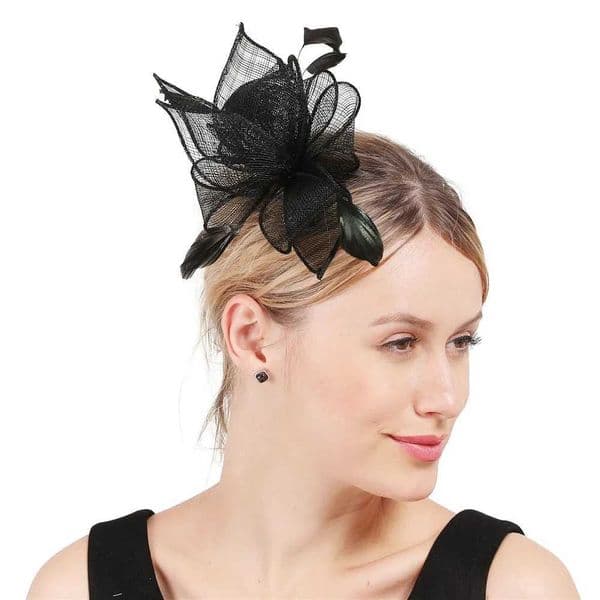 Bridal Wedding Headwear Sinamay Fascinator with Feathers Retro Black Cocktail Party Event Hat Linen Hair Pin Accessories M240829