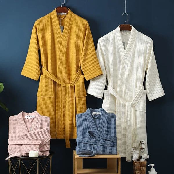 Cotton Terry Robe for Spring and Summer Thin Morning Robe Long Sleeve Waffle Bathrobe el Beauty Bath Towel for Couples 240829
