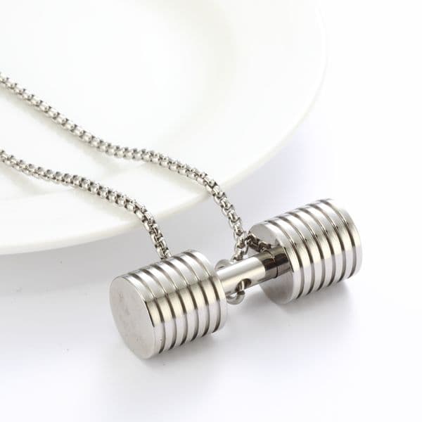 Creative Titanium Steel Fitness Dumbbell Pendent Necklace Barbell Necklaces Stainless Steel Chain Body building Gym Women Men Chains Fitness Trainer Jewelry