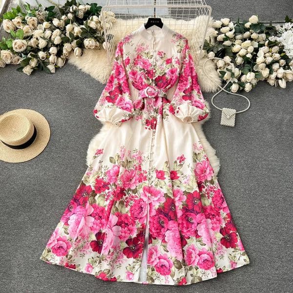 Elegant Gorgeous Floral Bohemian Dress Spring Women Stand Long Lantern Sleeve Print Belt Linen Vestidos Clothes 6235 260519