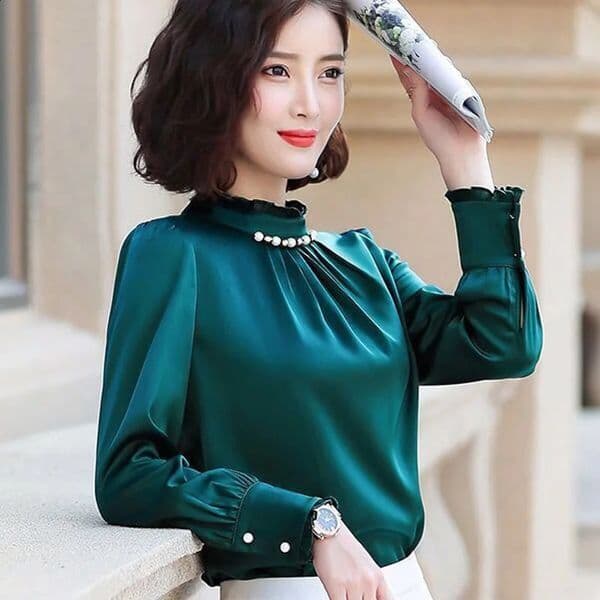 Temperament Chiffon Loose Shirt Tops Spring Long Sleeve Solid Color Plus Size Pleated Blouse Fashion Office Women Clothing 240830