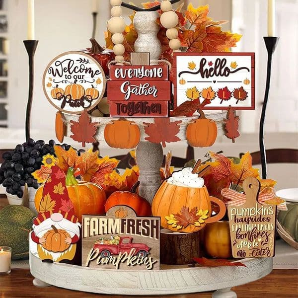 Autumn Harvest Wooden Tray Decoration Set Farmhouse Center with Pumpkin Spice and Maple Leaf Accent 240829