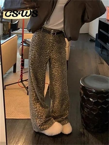 Street Leopard Loose Womens Trousers Fashion High Waist Wide Leg Print Pants Ladies Vintage Pocket Hip Hop Casual Wears 240829