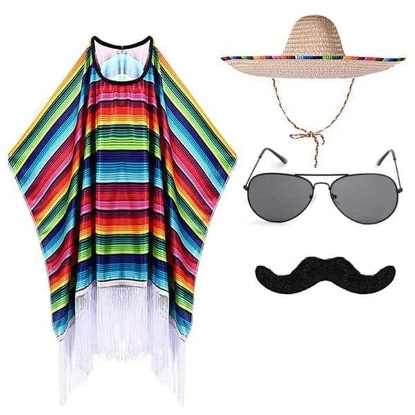 Children adults Mexican party costumes colorful cloaks wide conical hats sunglasses beards Mexican holidays Halloween W240830