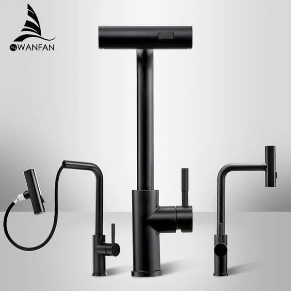 Black nickel 304 stainless steel pullout kitchen faucet waterfall mixing sink multifunctional circular rotation 3668 240830