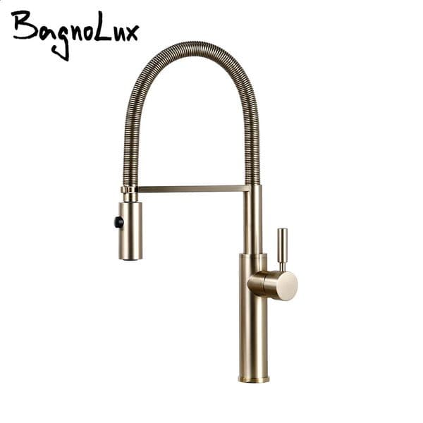 Brushed gold kitchen faucet brass mixer used for sink single pole pullout spring nozzle and cold water 1036 240830