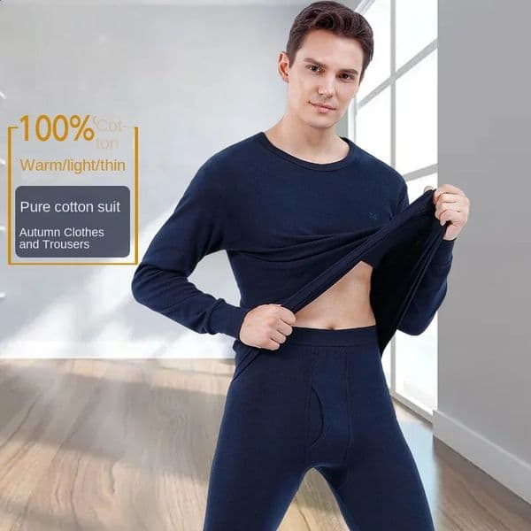100% pure cotton spring and autumn thin thermal underwear suit mens close-fitting primer long johns suit mens 240830