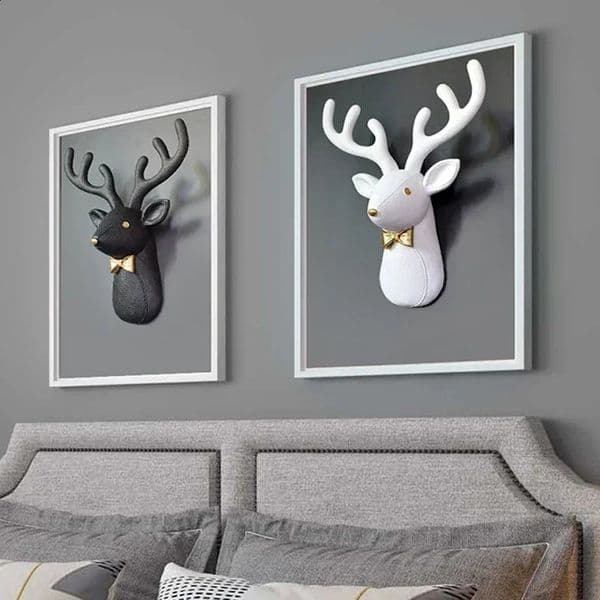 Home Wall Decoration 3D Deer Head Statue White Antler Sculpture Living Room Animal Statues Miniature 240830