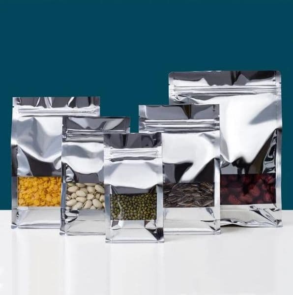 wholesale Silver Aluminum Foil Window Bag Resealable Holographic Biscuit Sugar Coffee Beans Snack Nuts Gifts Packaging Pouches