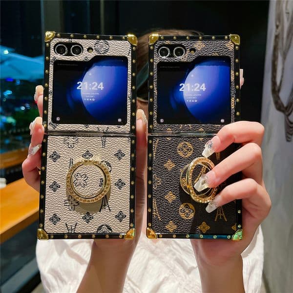 For Samsung Galaxy Z Flip 6 5 4 3 Case Fashion Ring Buckle pu leather Phone Cover For Galaxy S25 S24 S23 S22 Ultra iPhone 15 Pro Max Foldable Shockproof Protective Coque