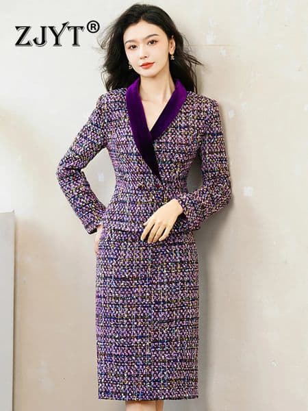 ZJYT Elegant Purple Tweed Woolen Jacket and Skirt Suit 2 Piece for Women Winter Party Outfit Office Lady Long Sleeve Dress Sets 240223