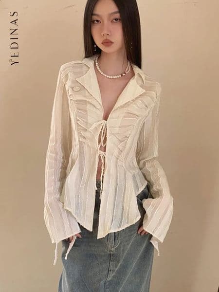 Yedinas Fairycore Lace Up Blouse Women Long Sleeve Spring Turn-down Collar Women Shirt Ladies Tops Korean Fashion Chic 240229
