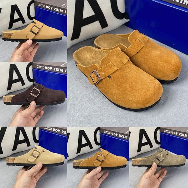 Designer Clog Slippers Women Men Flat Heels Beach Slides Real Leather Double Buckle Cork Sandals Outdoor Casual Shoes Brown Grey Coffee Size 35-46